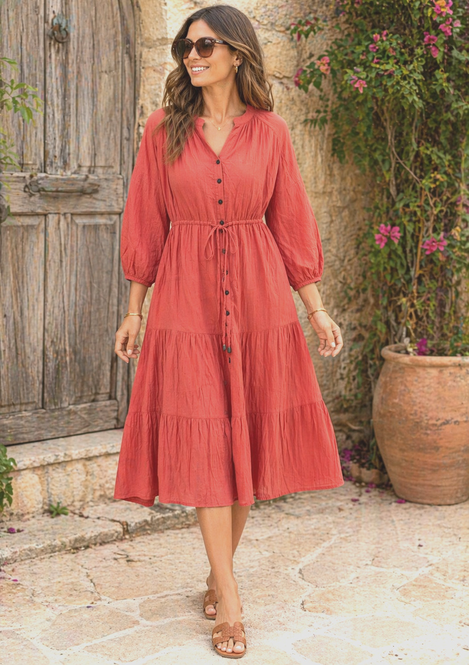 Coral Good Hart Cotton Button-front Tiered boho Cottagecore Dress relaxed Sz-M